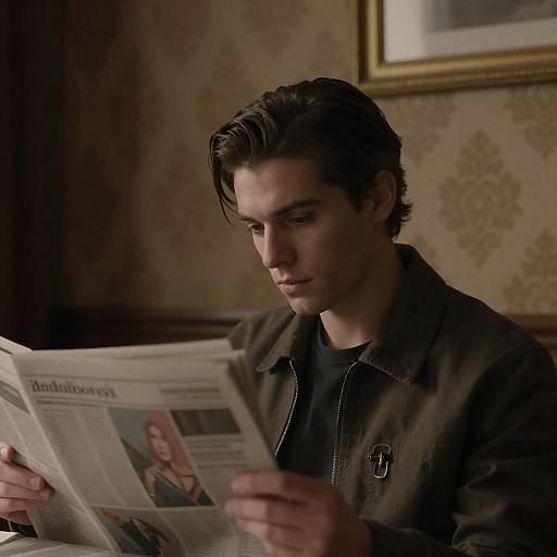 Young Man Reading Newspaper in Dim Room