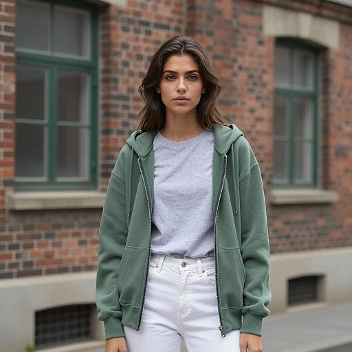 Young Woman in Green Hoodie and White Jeans Outdoors