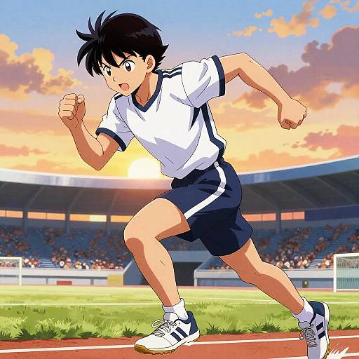 Anime-style digital illustration of a young boy with black hair, wearing a white and navy athletic uniform, running on a track during sunset in a stadium.