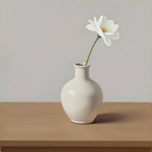 Photograph of a minimalist still life: white ceramic vase with a single white daisy, standing on a wooden surface against a light blue background.