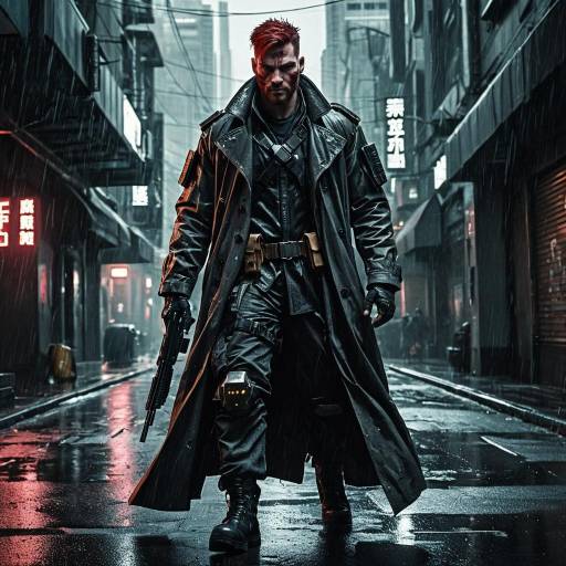 Cyberpunk Soldier in Rainy Urban Street