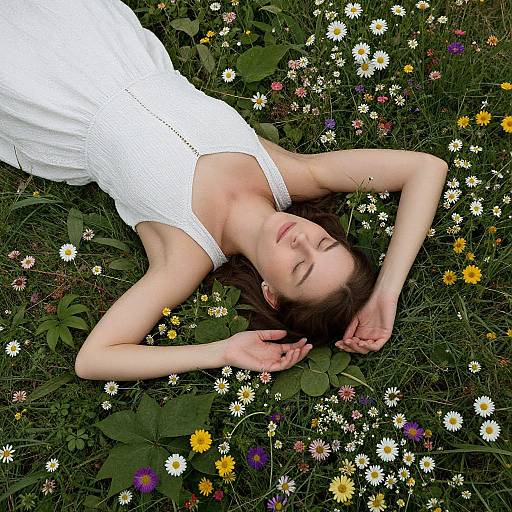 Photograph of a fair-skinned woman with closed eyes, lying in a grassy field of colorful daisies, wearing a white, sleeveless
