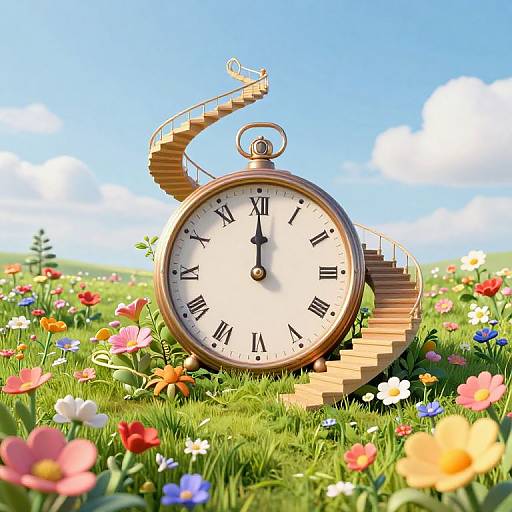 Photograph of a whimsical, antique clock with a spiraling staircase, set in a vibrant meadow of colorful flowers under a bright blue sky.