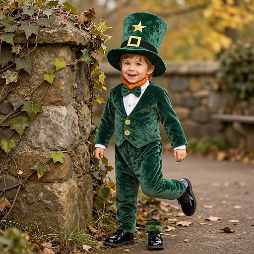 Photograph of a smiling young boy in a green velvet leprechaun outfit with a tall hat, orange neckerchief, black shoes, and