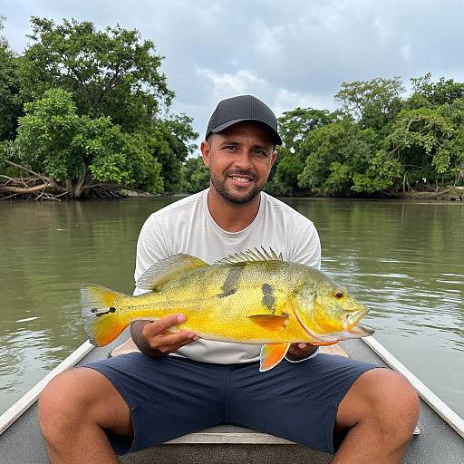 Photograph of a smiling, bearded man with medium brown skin, white t-shirt, black cap, and shorts, holding a large, yellow-orange