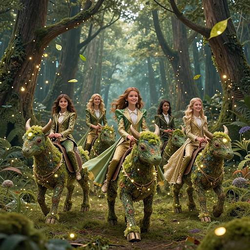 Photograph of four women in gold and green fairy-like outfits riding moss-covered, horned creatures through a magical, enchanted forest illuminated by floating fireflies