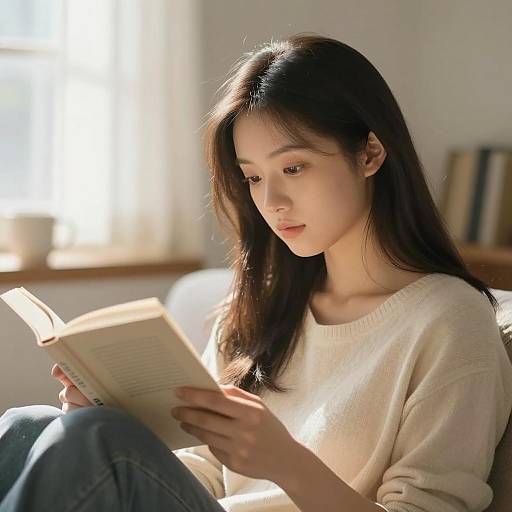 Young Woman Reading in Sunlit Room