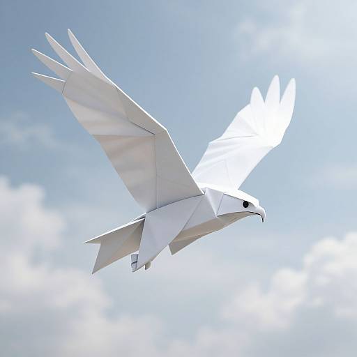 Photograph of a white origami dove in flight against a bright blue sky with scattered clouds, creating a serene, ethereal effect.