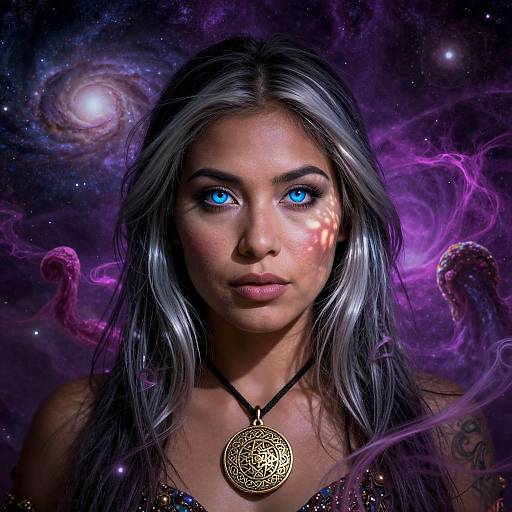 Digital artwork of a woman with long silver hair, blue glowing eyes, and a mysterious necklace, set against a cosmic background with purple nebulae and