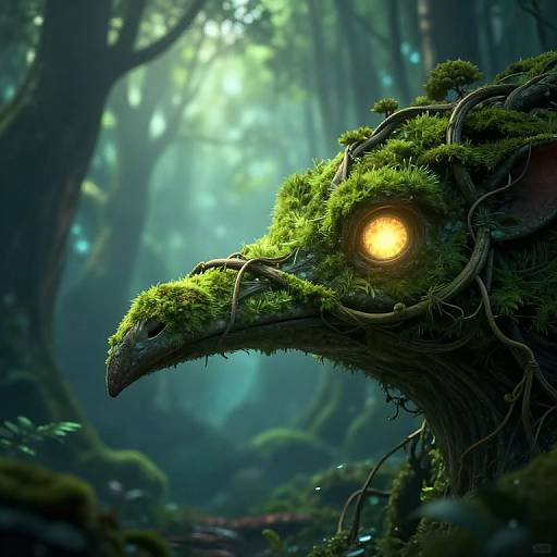 Digital fantasy artwork of a moss-covered dragon head with glowing yellow eye in a mystical, sunlit forest. Dark, dense trees surround the creature, creating