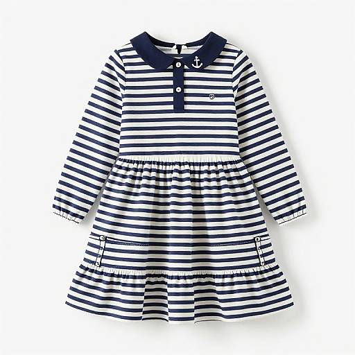 Photograph of a navy and white striped, long-sleeve, knee-length, button-down dress with a navy collar and two front buttons.