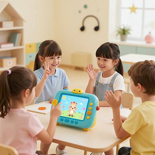 Photograph of four smiling children, two girls and two boys, playing with a colorful electronic toy at a bright, cheerful classroom table.