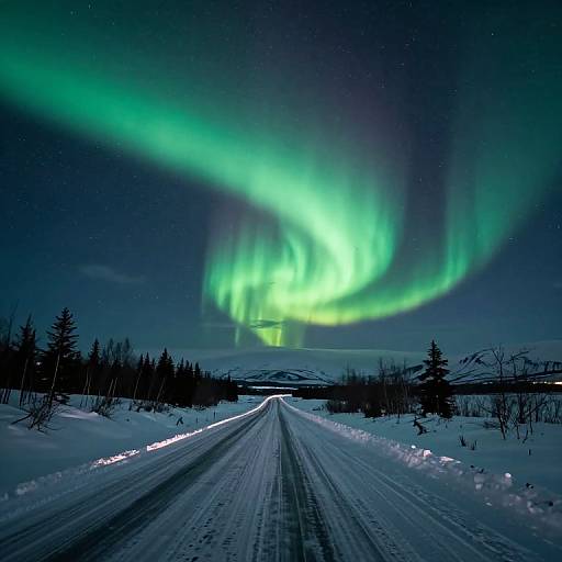 Photograph of a snowy road leading to a forest under a mesmerizing green aurora borealis in a starry night sky.