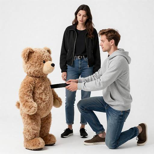 Man Offering Belt to Teddy Bear with Woman Watching