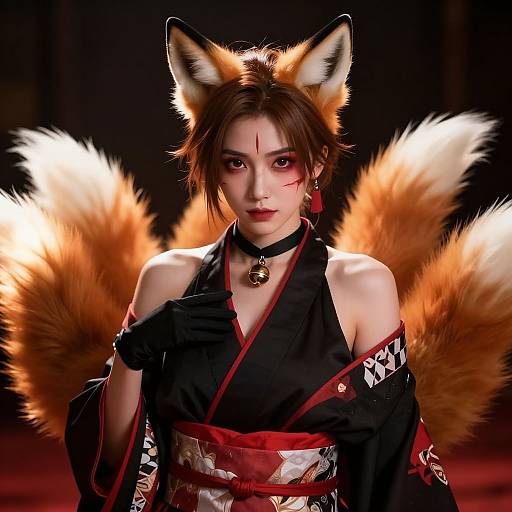 Digital art of an Asian woman with fox ears and nine fox tails, wearing a black and red kimono, glowing eyes, and a choker with