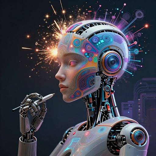 Digital art of a futuristic, glowing robot woman with colorful circuit patterns, sparking head, and pointing finger, against a dark cybernetic background.