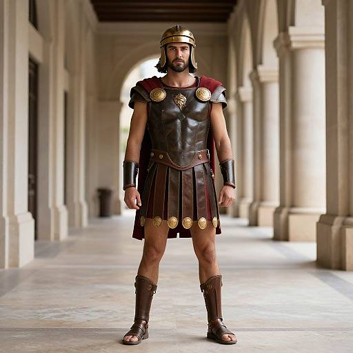 Photorealistic CGI of a muscular, bearded man in ancient Roman warrior attire, standing in a sunlit, colonnaded hallway.