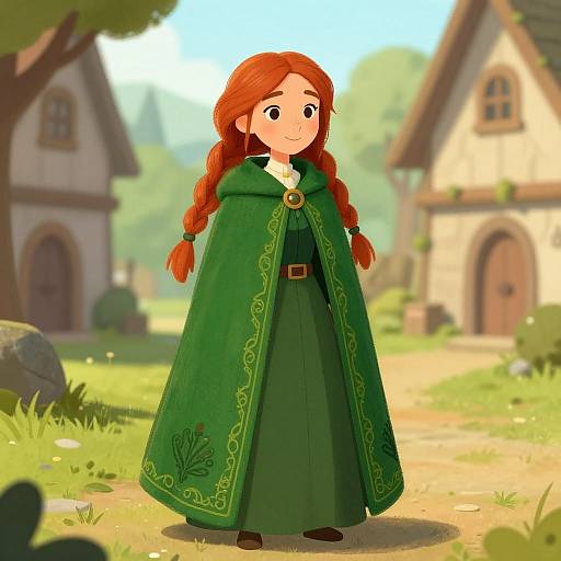 Digital illustration of a red-haired girl with braids, wearing a green embroidered cloak and dress, standing in a sunny village with wooden houses in the background