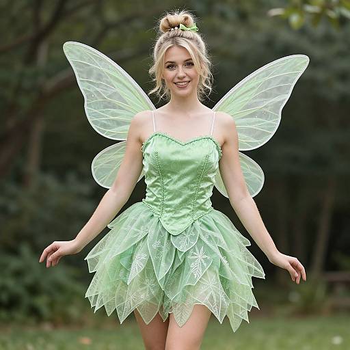 Photograph of a smiling blonde fairy with translucent green wings and a light green, leaf-inspired tutu dress, standing in a forest.