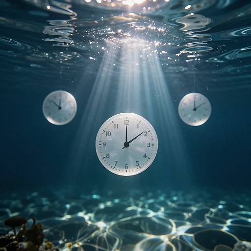 Photograph of three floating white clock faces underwater, illuminated by sunlight rays, with a rippled water surface and ocean floor in the background.