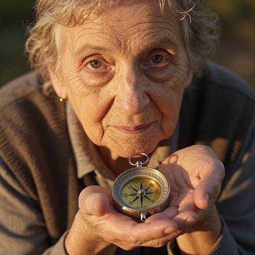 Close-up photograph of an elderly woman with curly gray hair, holding a silver compass with a black and yellow dial, sunlight highlighting her wrinkles and gentle expression
