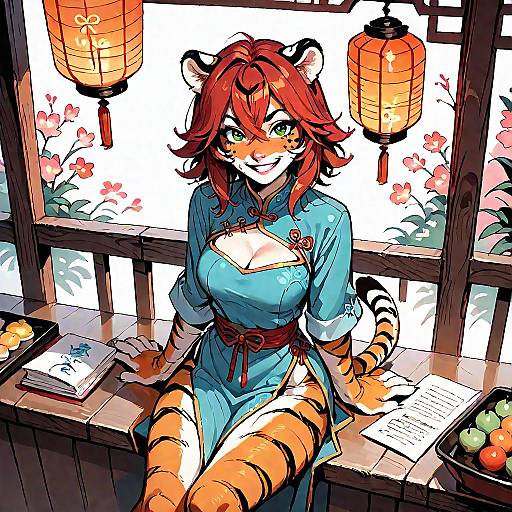 Red Tiger Girl in Chinese Restaurant