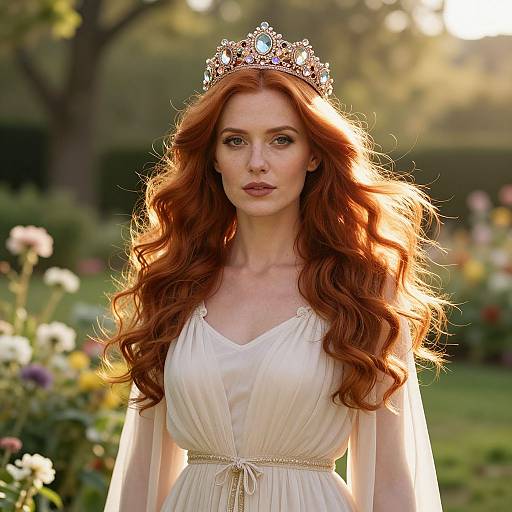 Regal Red-Haired Woman in Sunlit Garden