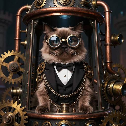 Steampunk cat in a glass cylinder, wearing round goggles, black tuxedo, and chain, surrounded by copper gears and clockwork machinery.