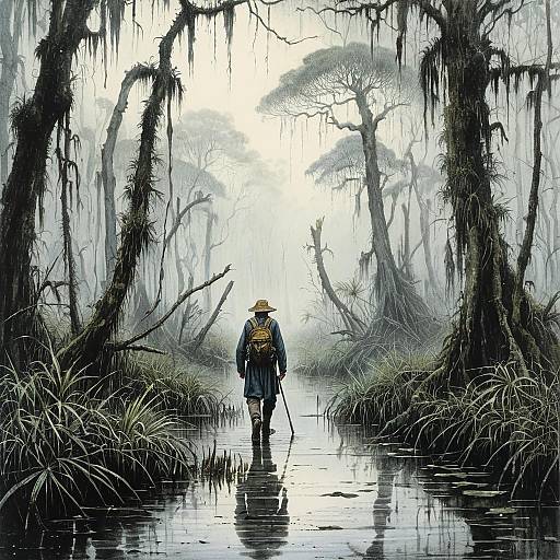 Traveller Walking Through Misty Swamp