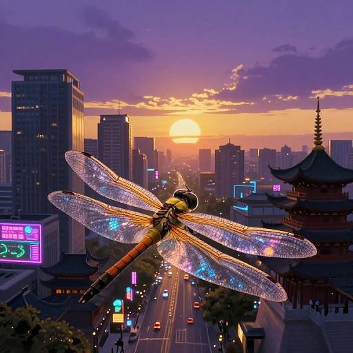 Digital artwork: Glowing dragonfly with sparkling wings over neon-lit cityscape at sunset, blending modern skyscrapers with traditional Asian architecture.