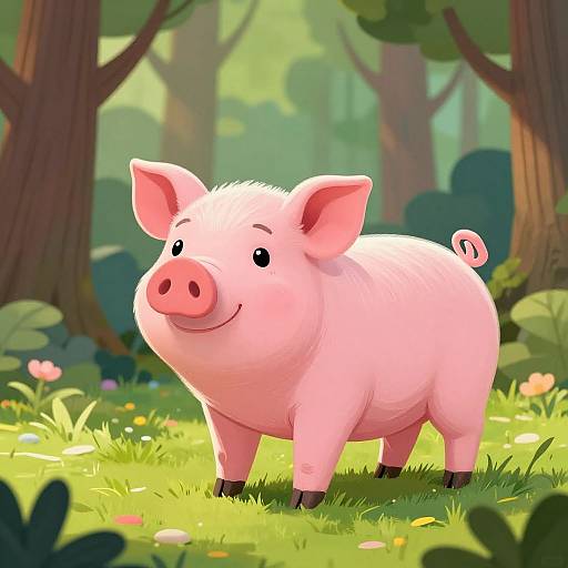 Digital illustration of a cute, pink, cartoon pig standing in a sunny, forest clearing with colorful flowers and trees in the background.