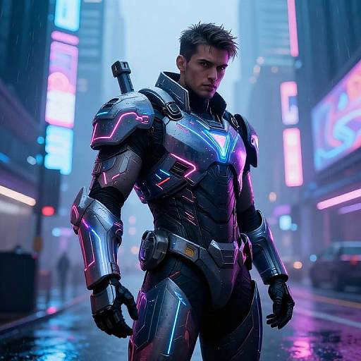 Photorealistic CGI: Muscular man in futuristic, glowing purple and blue metallic armor stands in a neon-lit, rainy city street.