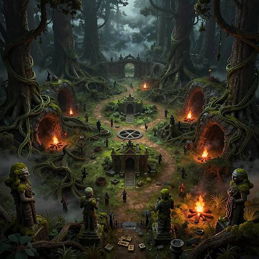 Digital fantasy artwork of a dark, misty forest temple with glowing fires, moss-covered stone statues, hooded figures, and ancient ruins.