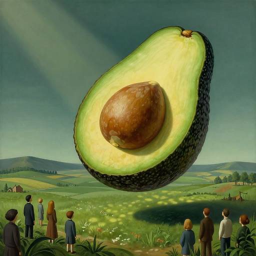 Digital painting: Giant, glowing avocado with brown pit hovers above a group of children in vintage clothing, in a sunny, green countryside with rolling hills