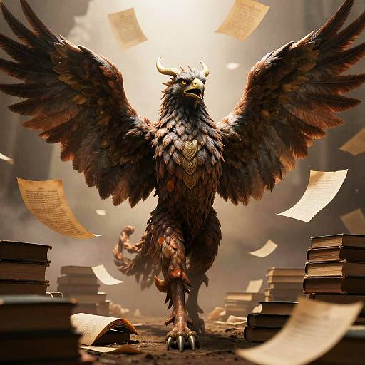 Digital artwork of a majestic, dark-feathered griffin with outstretched wings, standing amidst a chaotic forest of flying papers and stacked books,