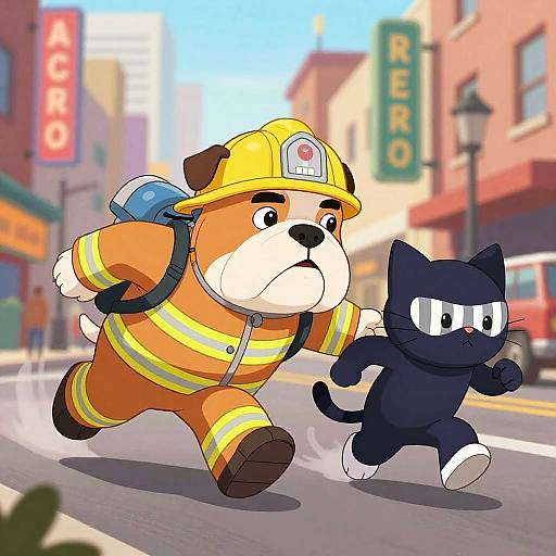 Digital cartoon of a chubby orange bulldog firefighter in yellow uniform and helmet, running with a black cat, both on a city street with 