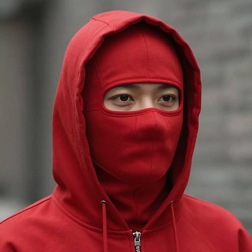 Photograph of a person wearing a red hooded mask and jacket, revealing only their eyes, against a blurred urban background.
