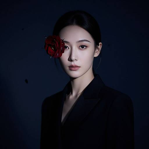 Digital portrait of an East Asian woman with pale skin, dark hair, and a red flower on her left temple, wearing a black blazer, against