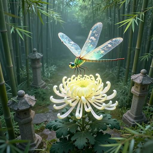 Glowing blue dragonfly perched on luminous white flower in enchanted bamboo forest, surrounded by ancient stone lanterns. Digital artwork.