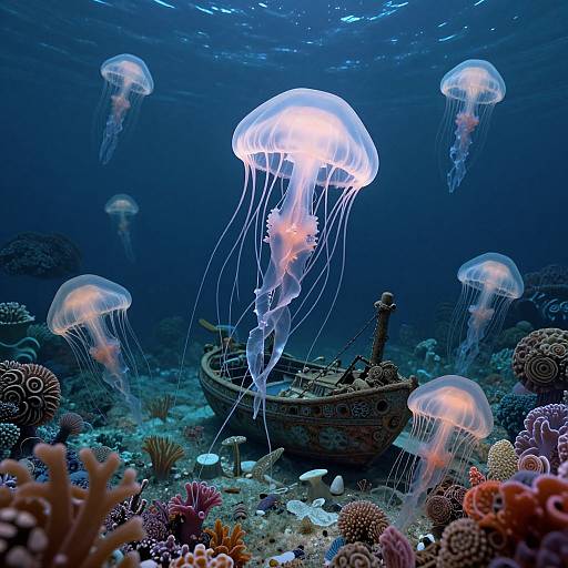Photograph of a vibrant underwater scene with glowing jellyfish surrounding a sunken ship amidst colorful coral and marine life.