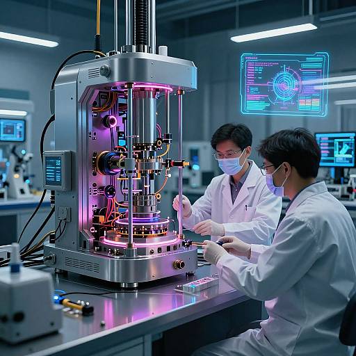Photograph of two scientists in white lab coats, wearing masks, working on a glowing, neon-lit, robotic machine in a high-tech lab.