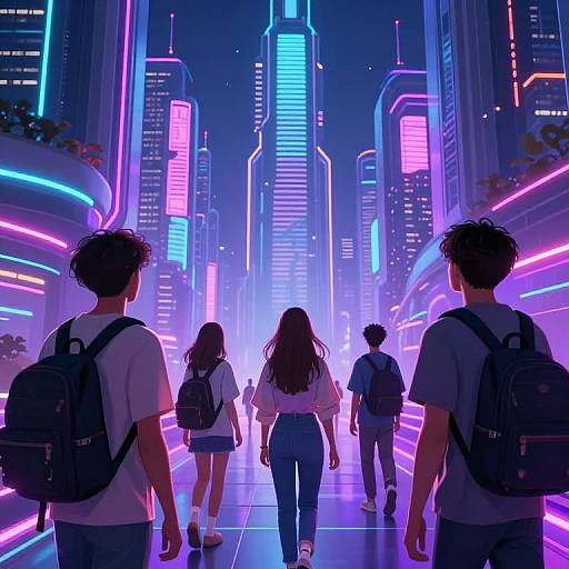 Digital illustration of four backpack-clad teenagers walking down a neon-lit, futuristic city street with towering skyscrapers and vibrant neon signs.