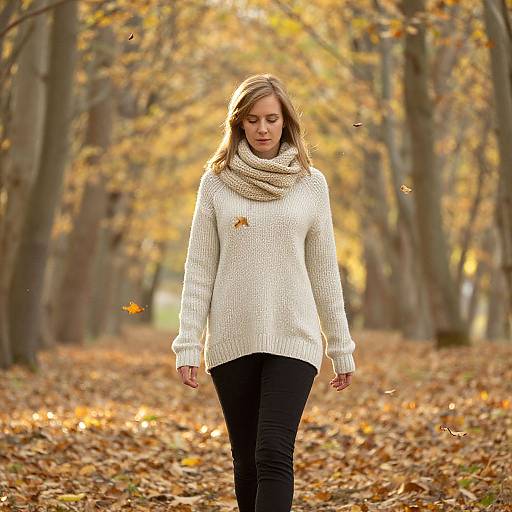Photograph of a young woman with light brown hair, wearing a cream knit sweater, beige scarf, and black jeans, walking through a sunlit autumn