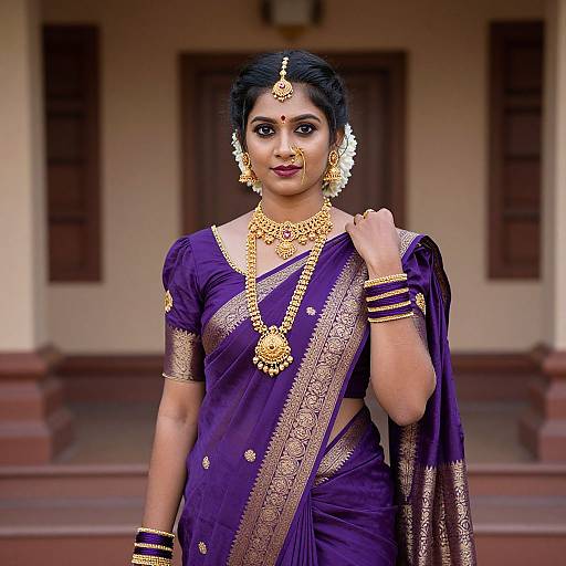 Photograph of a beautiful South Asian woman in a purple sari with gold embroidery, wearing intricate gold jewelry, standing in front of a beige building.