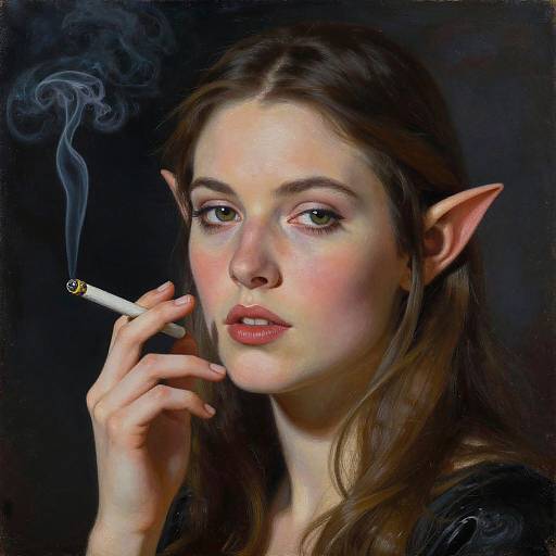 Digital painting of a fair-skinned, brown-haired elf woman with pointed ears, smoking a cigarette, against a dark background. Her expression is neutral,