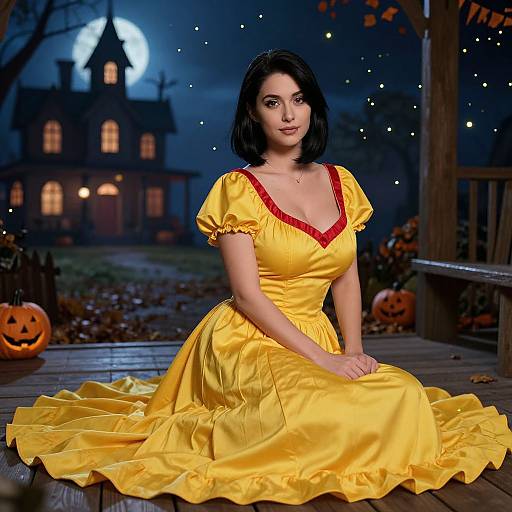 Photograph of a fair-skinned woman with black hair in a yellow, red-trimmed dress, sitting on a wooden porch at night, with