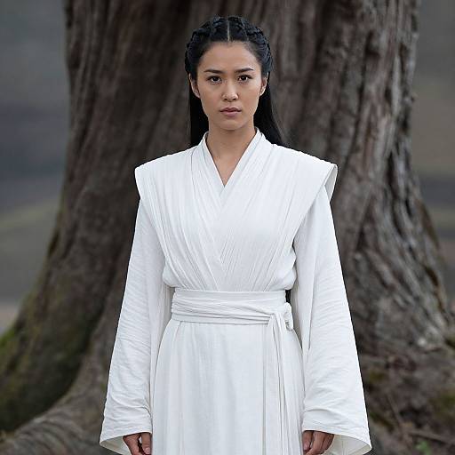 Photograph of an Asian woman with braided hair, wearing a white long-sleeve kimono-style robe, standing in front of a large tree