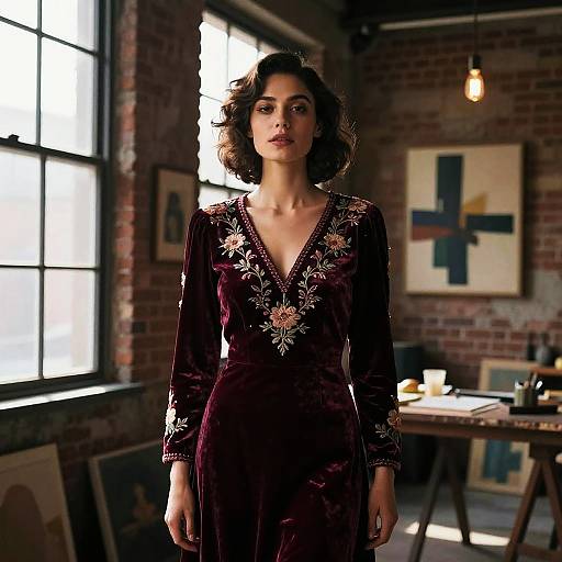 Confident Woman in Vintage Velvet Dress in Artist Loft