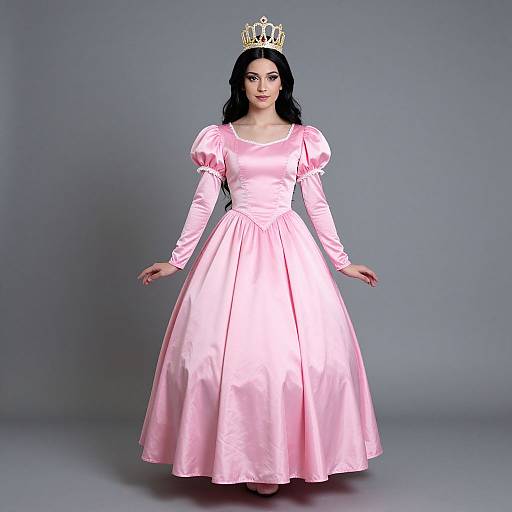 Photograph of a fair-skinned woman with long black hair, wearing a pink satin princess dress and gold crown, standing against a plain gray background.