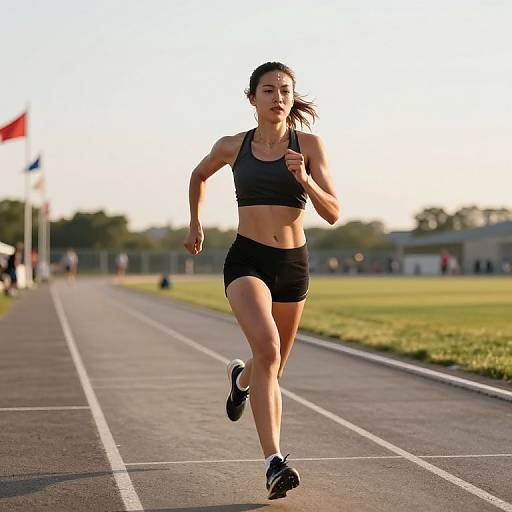 Photograph of a determined, athletic woman with dark hair in a black sports bra and shorts, running on a track at sunset.